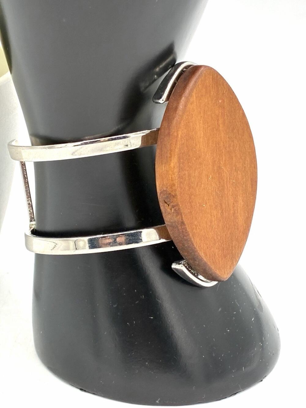 Vintage Silver-Tone Cuff Bracelet Marquise Wood Cabochon
